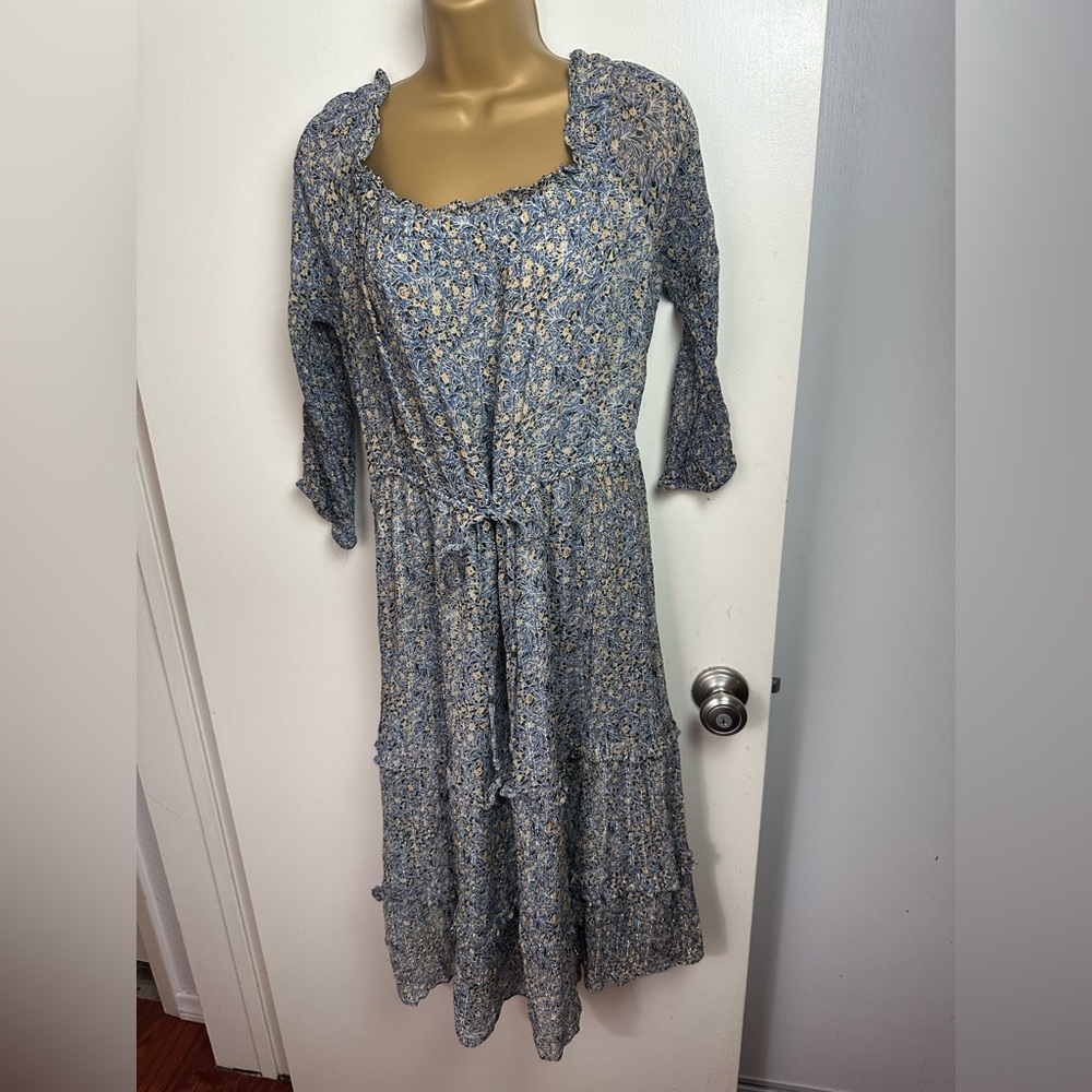 By Anthropologie Blue Kira Off-The-Shoulder Adjustable TieWaist Peasant Dress 14 - Picture 6 of 16